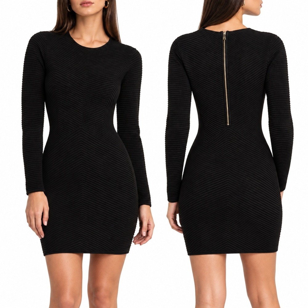 RONNY KOBO Chevron Ribbed Knit Long Sleeve Mini Dress in Black. Size Small